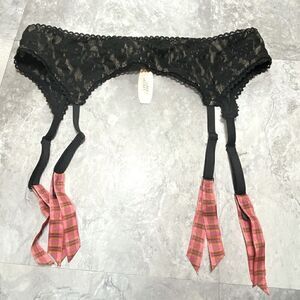 NWT Victoria Secret Black Lace Garter Belt W/Pink Tartan Ribbon